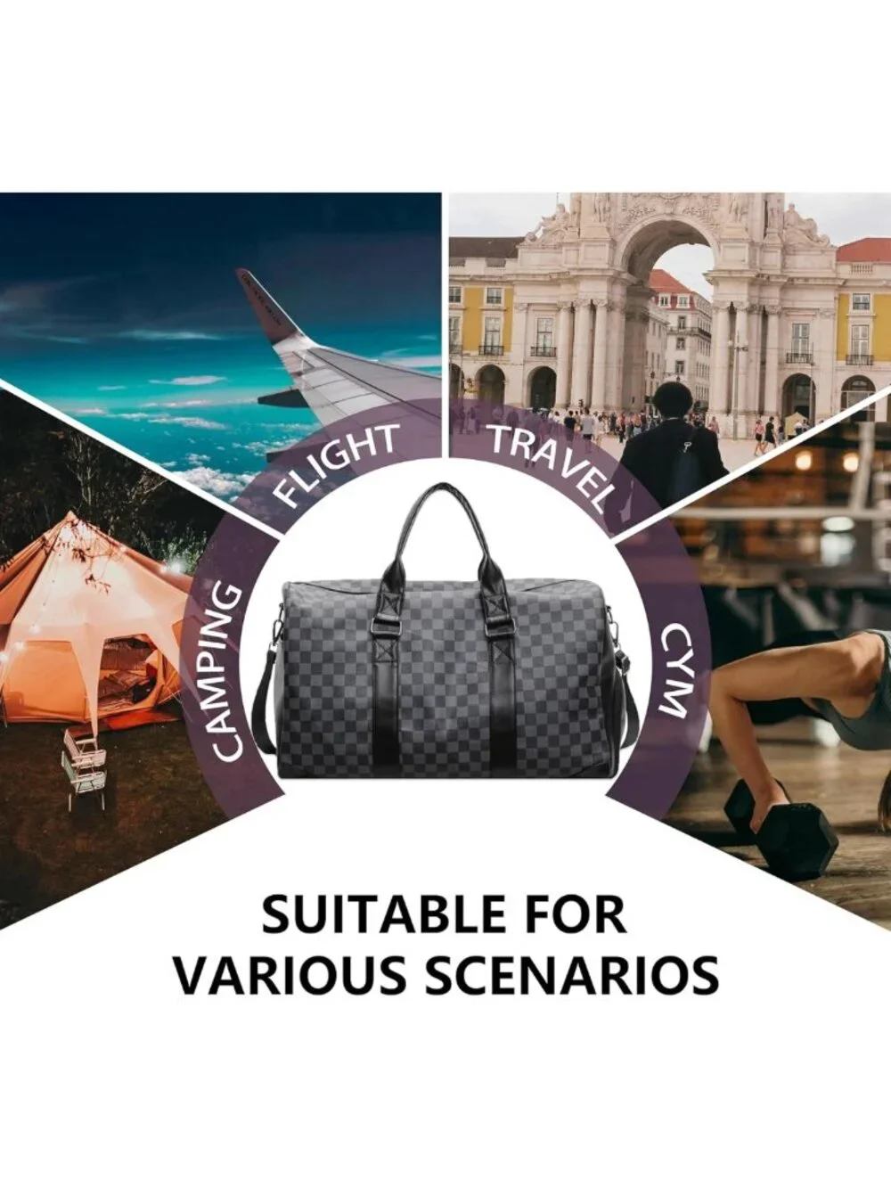 Stylish Travel Duffel Bag, Foldable Gym Tote with Shoe Compartment, Waterproof